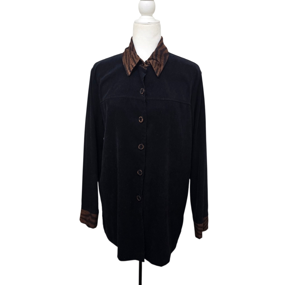 Button Down Faux Velvet Shacket Blouse Long Sleeve Black Tiger Print Tunic XL